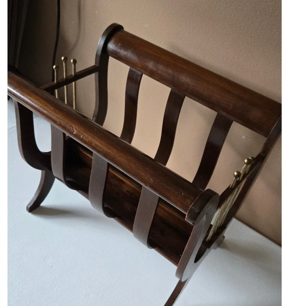Vintage Brandt Mahogany Magazine Rack Brass Lyre Canterbury Hagerstown MD 3506